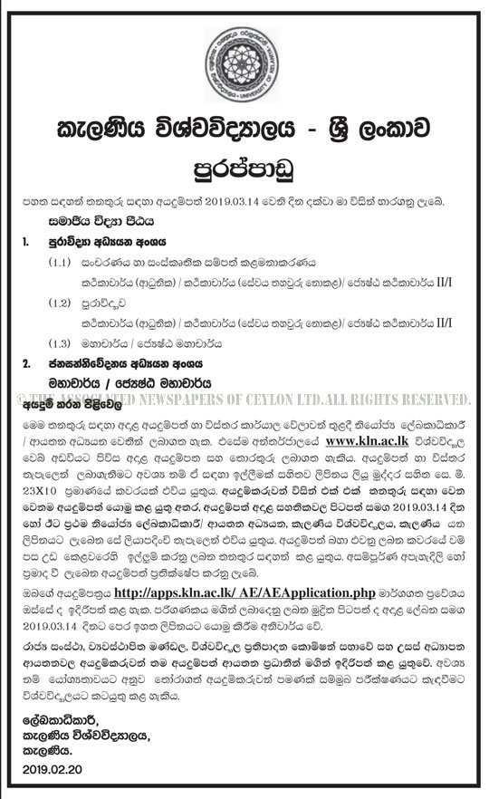 Lecturer, Senior Lecturer, Professor, Senior Professor - University of Kelaniya